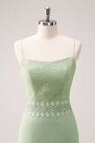 Sheath Green Floral Ruffled Chiffon Bridesmaid Dress with Lace