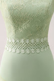 Sheath Green Floral Ruffled Chiffon Bridesmaid Dress with Lace