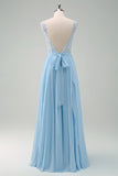 Sparkly Sky Blue Bateau Neck Pleated Long Bridesmaid Dress