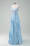 Sparkly Sky Blue Bateau Neck Pleated Long Bridesmaid Dress