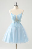 Cute Glitter Blue A Line Beaded Corset Tulle Homecoming Dress with Appliques