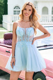 Cute Glitter Blue A Line Beaded Corset Tulle Homecoming Dress with Appliques