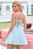 Cute Glitter Blue A Line Beaded Corset Tulle Homecoming Dress with Appliques