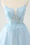 Cute Glitter Blue A Line Beaded Corset Tulle Homecoming Dress with Appliques