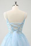 Cute Glitter Blue A Line Beaded Corset Tulle Homecoming Dress with Appliques