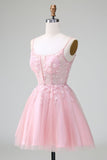 Cute Glitter Blue A Line Beaded Corset Tulle Homecoming Dress with Appliques