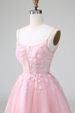 Cute Glitter Blue A Line Beaded Corset Tulle Homecoming Dress with Appliques