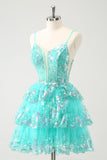 Cute Sparkly A-Line Green Spaghetti Straps Tiered Homecoming Dress with Sequins