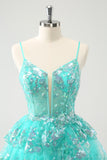 Cute Sparkly A-Line Green Spaghetti Straps Tiered Homecoming Dress with Sequins