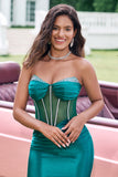 Unique Sparkly Dark Green Strapless Corset Tight Homecoming Dress with Beading