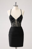 Sparkly Black Bodycon Spaghetti Corset Short Homecoming Dress with Lace Up Back