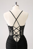 Sparkly Black Bodycon Spaghetti Corset Short Homecoming Dress with Lace Up Back