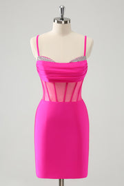 Glitter Fuchsia Spaghetti Straps Tight Corset Homecoming Dress with Beading