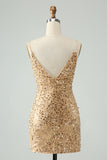 Sparkly Golden Bodycon Spaghetti Strap Short Homecoming Dress with Sequins