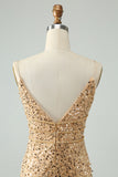 Sparkly Golden Bodycon Spaghetti Strap Short Homecoming Dress with Sequins