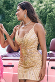 Golden Tight Spaghetti Straps Homecoming Dress with Sequins