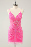 Hot Pink Spaghetti Straps Tight Short Backless Homecoming Dress with Sequins