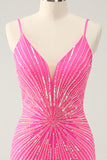 Hot Pink Spaghetti Straps Tight Short Backless Homecoming Dress with Sequins