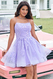 Cute Glitter Lilac A Line Sequins Short Lace Up Back Homecoming Dress with Appliques