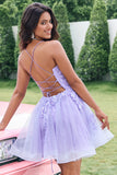 Cute Glitter Lilac A Line Sequins Short Lace Up Back Homecoming Dress with Appliques