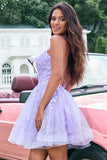 Cute Glitter Lilac A Line Sequins Short Lace Up Back Homecoming Dress with Appliques