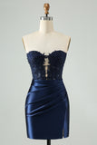 Sparkly Royal Blue Bodycon Strapless Hollow Out Homecoming Dress with Lace