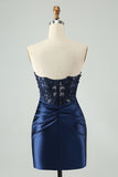 Sparkly Royal Blue Bodycon Strapless Hollow Out Homecoming Dress with Lace