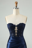 Sparkly Navy Bodycon Strapless Hollow Out Homecoming Dress with Lace