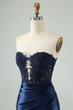 Sparkly Navy Bodycon Strapless Hollow Out Homecoming Dress with Lace