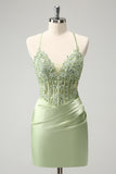 Glitter Green Spaghetti Straps Beaded Appliques Tight Corset Homecoming Dress