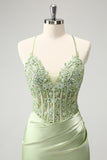 Glitter Green Spaghetti Straps Beaded Appliques Tight Corset Homecoming Dress