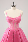 Pink A-Line Spaghetti Straps Corset Cocktail Dress with Sequins