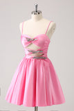 Pink A-Line Spaghetti Straps Pleated Homecoming Dress with Keyhole