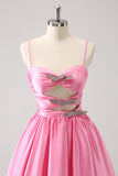 Pink A-Line Spaghetti Straps Pleated Homecoming Dress with Keyhole