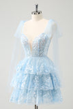 Glitter Blue A Line Embroidery Tiered Homecoming Dress with Appliques