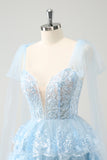 Glitter Blue A Line Embroidery Tiered Homecoming Dress with Appliques