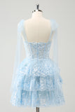 Glitter Blue A Line Embroidery Tiered Homecoming Dress with Appliques