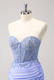 Lilac Strapless Corset Pleated Tight Homecoming Dress with Appliques