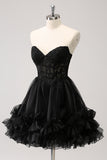 Cute Black A Line Corset Strapless Ruffled Short Homecoming Dress