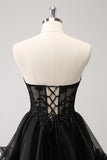 Cute Black A Line Corset Strapless Ruffled Short Homecoming Dress