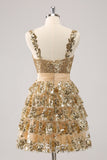 Golden A-Line Spaghetti Straps Sequined Homecoming Dress with Flower