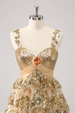 Golden A-Line Spaghetti Straps Sequined Homecoming Dress with Flower