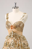 Golden A-Line Spaghetti Straps Sequined Homecoming Dress with Flower