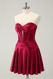 Burgundy A Line Sweetheart Strapless Keyhole Satin Homecoming Dress