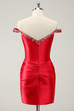 Glitter Red Beaded Off the Shoulder Satin Tight Homecoming Dress