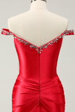 Glitter Red Beaded Off the Shoulder Satin Tight Homecoming Dress