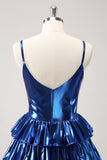 Ink Blue Spaghetti Straps A Line Tiered Short Homecoming Dress