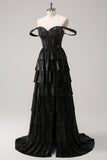 Sparkly Black Silver A Line Off The Shoulder Corset Tiered Prom Dress with Beading