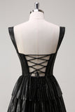 Sparkly Black Silver A Line Off The Shoulder Corset Tiered Prom Dress with Beading