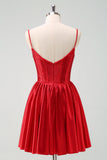 Red  A-Line Spaghetti Straps Corset Pleated Homecoming Dress